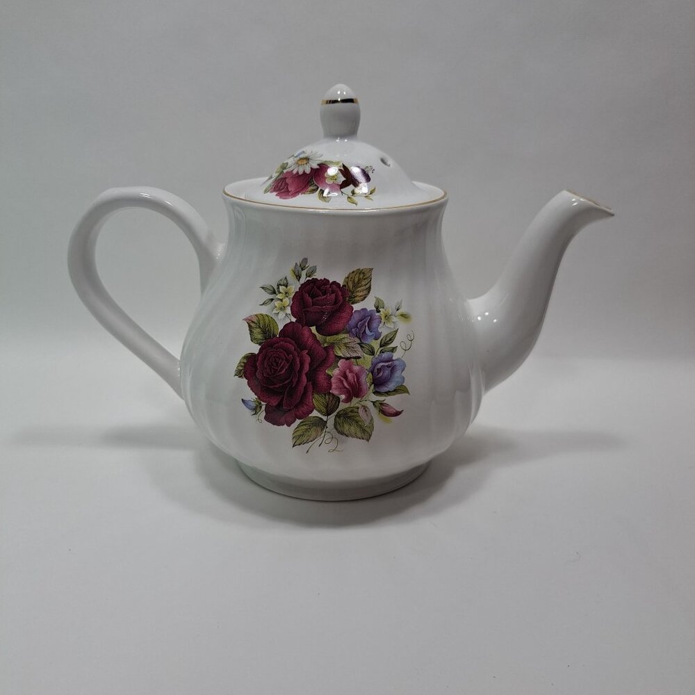 Arthur Wood & Son Porcelain Floral Tea Pot Rose Swirl Gold England Lidded Design